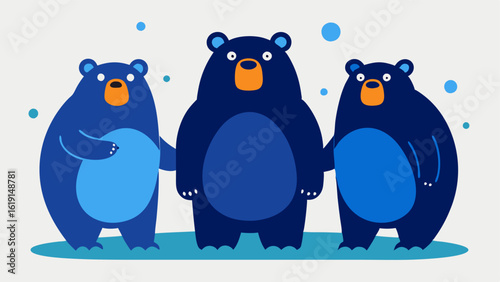 Cluster of Bears A group of three bears stands together in a line each with different comical expressions. The first bears mouth is wide open in a hilariously exaggerated catch