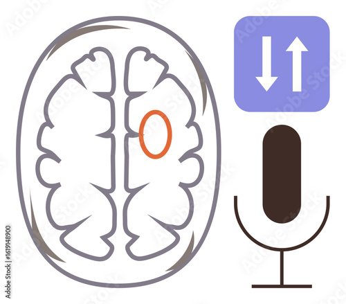 Brain diagram with marked language region, microphone graphic, arrows for communication flow. Ideal for neuroscience, language processing, AI, cognitive research, neural networks, voice recognition