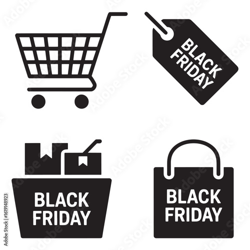 Black Friday Shopping Spree Icon Collection Featuring Cart, Tag, and Bag Designs Promoting Sales Event