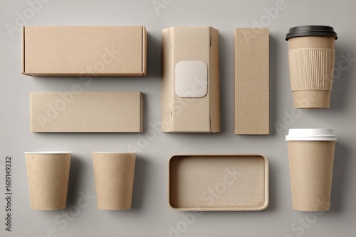 Flatlay showcasing various kraft paper food packaging; boxes, cups, and trays, arranged on a neutral backdrop