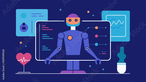 AI Interface Screen A futuristic monitor displaying a 3D model of a human body showing realtime data analysis and vital signs while a robotic arm prepares to assist in .