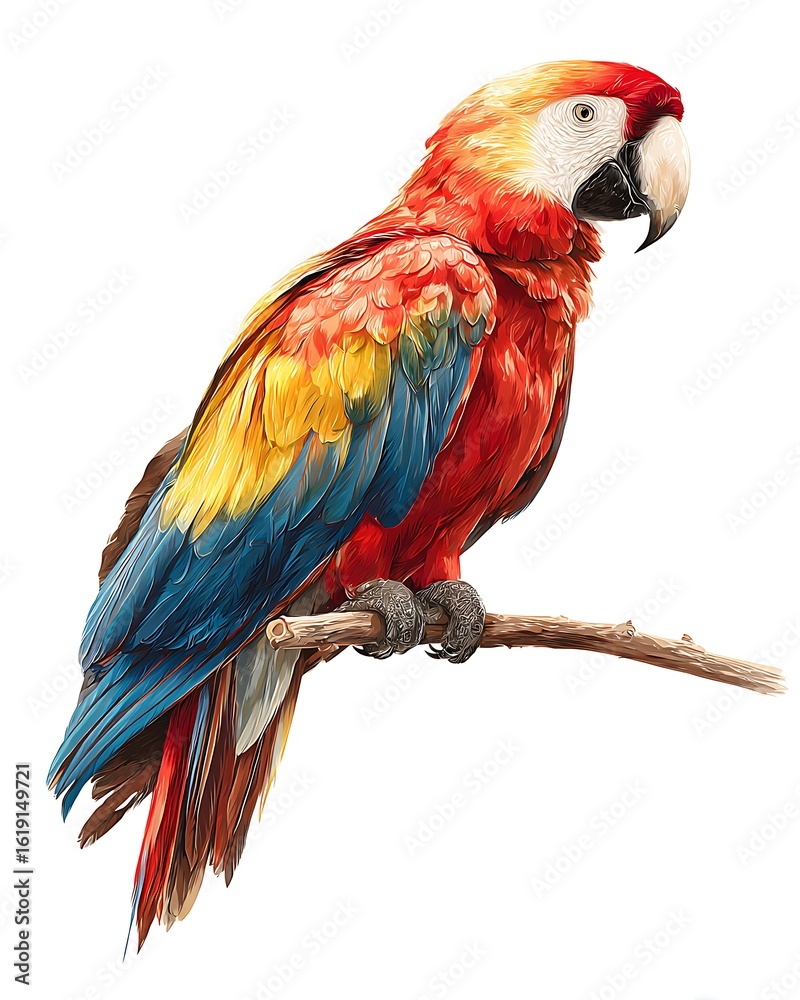 Fototapeta premium A calm parrot with vivid feathers resting on a branch. Great for tropical-themed or pet design work.