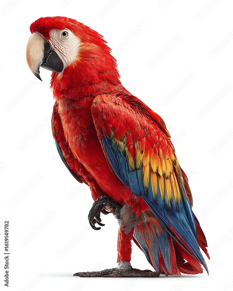 Naklejka premium A tall, red parrot with vibrant plumage. Great for packaging, tropical branding, and bold visuals.