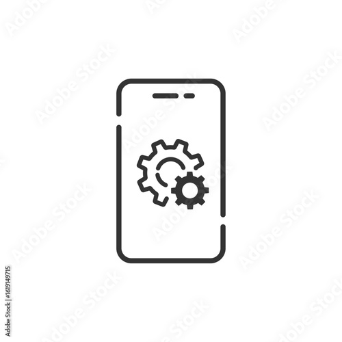 スマートフォン画面と歯車の設定アイコン (ベクター、線画、モノクロ)