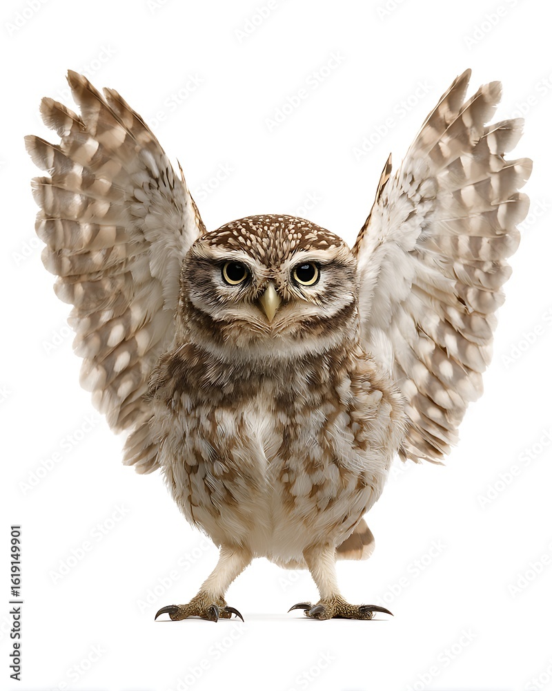 Obraz premium A small owl spreading its wings, captured mid-movement. Dynamic and eye-catching for motion-related designs.