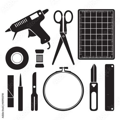 Crafting tools collection isolated on white background featuring scissors, glue gun, cutting mat, tape, spool, embroidery hoop, awl, cutter and ruler for hobby projects