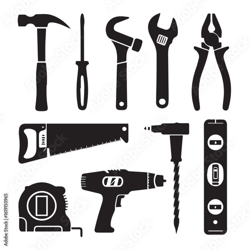 Collection of construction tools isolated on white background, featuring hammer, screwdriver, wrench, plier, saw, drill, level and tape measure for repair and building projects