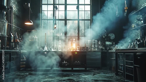 ominous industrial laboratory with billowing smoke featuring beakers vials and vintage equipment aesthetic