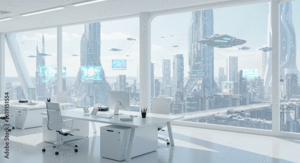 Obraz premium Bright futuristic office space with a stunning view of a technologically advanced cityscape