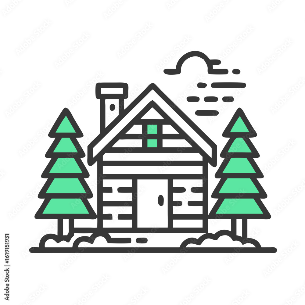 Obraz premium Cozy cabin retreat graphic icon with forest and smoke on a dark background