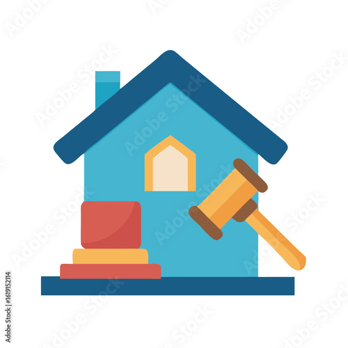 Illustration of a house with a gavel representing real estate auction or legal property