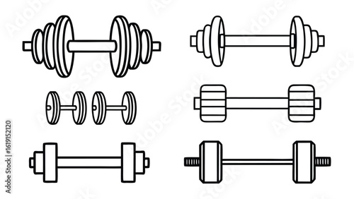 Collection of different styles of hand weights and dumbbells icons set for fitness and exercise