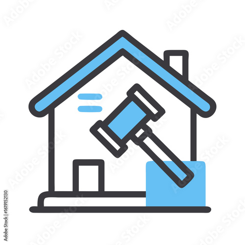 Auction gavel striking a stylized house symbolizing real estate foreclosure and property law, flat design.
