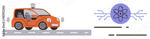 Orange self-driving electric car on road emitting connectivity signals beside AI-powered atom icon. Ideal for technology, artificial intelligence, transportation, innovation, automation, clean