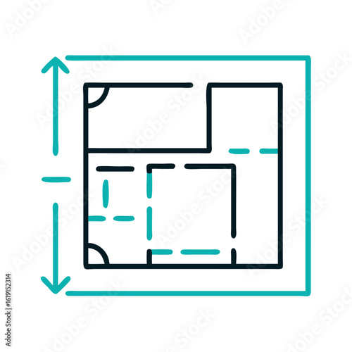 Minimalist home floor plan illustration showing layout dimensions with a contemporary design on black background