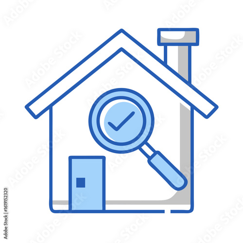 Home inspection icon depicting house with magnifying glass and check mark, signifying property evaluation