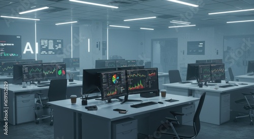 Futuristic financial office workspace showcasing data analytics and technology advancement