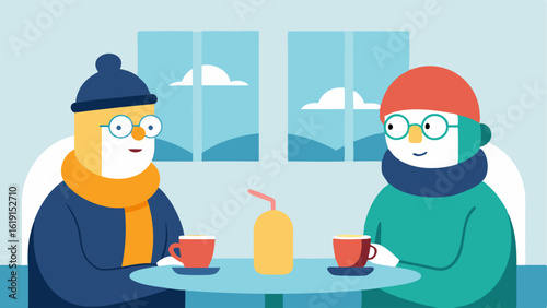 Coffee Shop Chat Inside a cozy coffee shop two characters are seated at a small table each talking on a banana. One character has glasses and a beanie while the other wears a