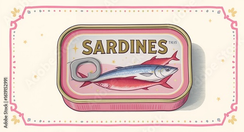 Vibrant Illustrated Sardine Can Detailed Seafood Packaging Design with Decorative Elements and