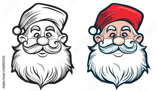 Santa Claus face with a beard and mustache on a white background with a black outline. Santa Claus head. Simple black line sticker. Happy New Year symbol. Santa hand drawn vector illustration. Logo