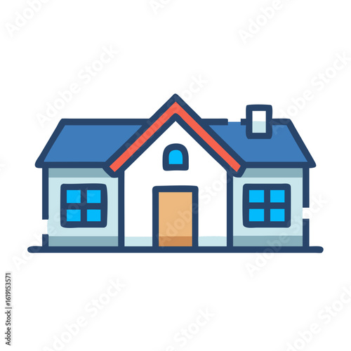Illustration of a detached house in blue and beige with a simple geometric style