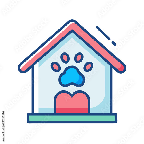 Colorful Dog House Illustration with Paw Print, Ideal for Pet-Related Designs