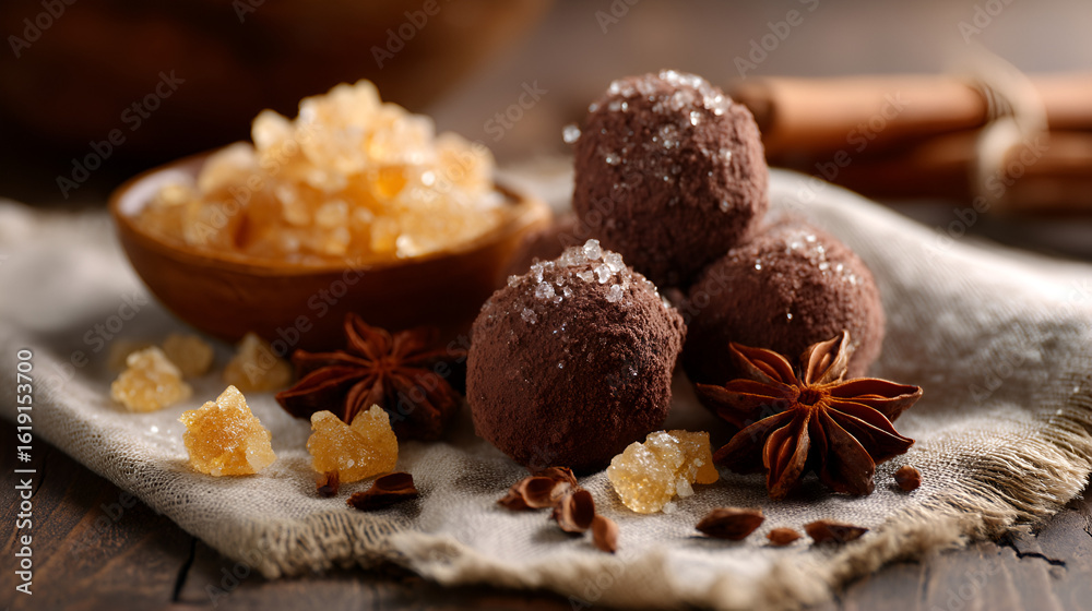 Fototapeta premium Truffles and ginger candies on a rustic setting, star anise and cinnamon sticks enhance the presentation.