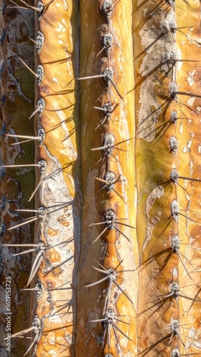 Extreme Close Up of a Tall Prickly Brown Cactus with Sharp Needles Under Bright Sunlight
