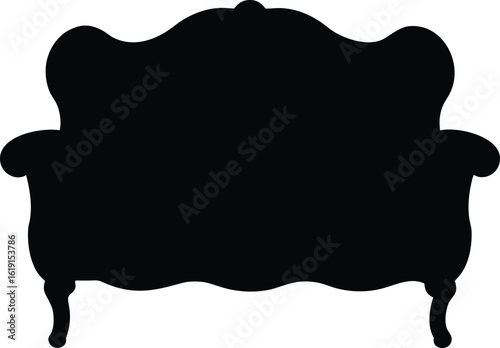 Black silhouette of a vintage ornate sofa with curved back and cabriole legs couch furniture