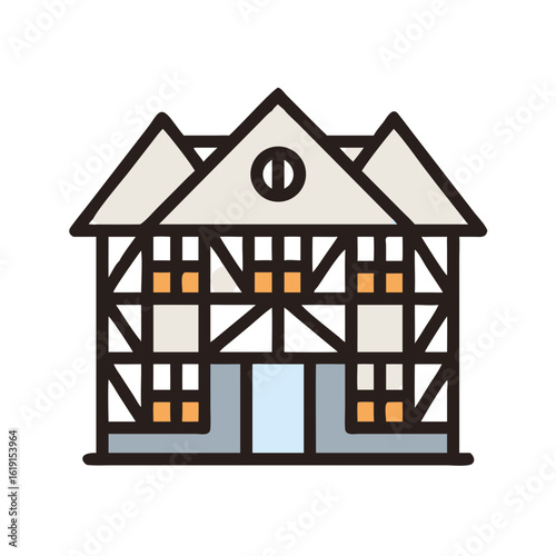 Flat Design Tudor House Illustration with Brown Timber Frame and Beige Infill