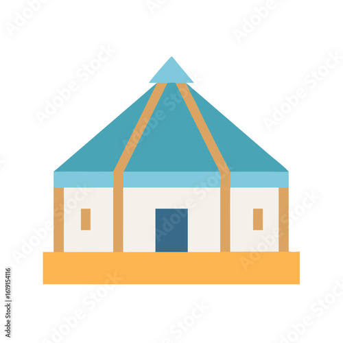 Stylized minimalist icon of a building with a tent-like roof on a black background