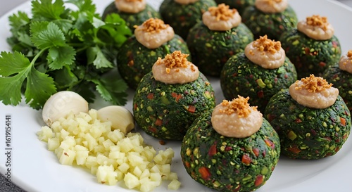 Delicious Appetizers: A plate is artfully arranged with spherical appetizers, each garnished with a flavorful topping.