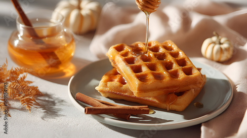 Waffles with honey being drizzled, with cinnamon sticks and small white pumpkins in the background.