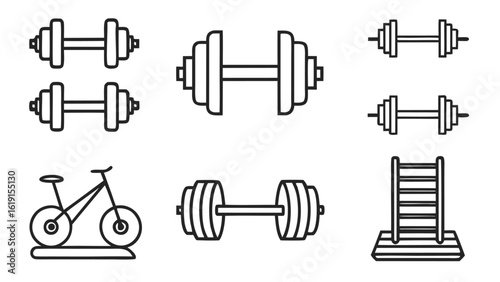 Collection of different styles of hand weights and dumbbells icons set for fitness and exercise