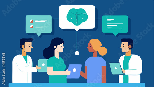 AI Cooperation with Medical Staff An interactive scene where medical staff collaborates with an AI interface displaying MRI results demonstrating teamwork in enhancing patient