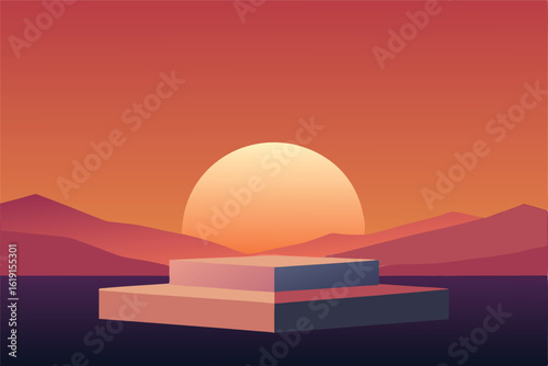minimalist podium with a gradient sunset backdrop .eps