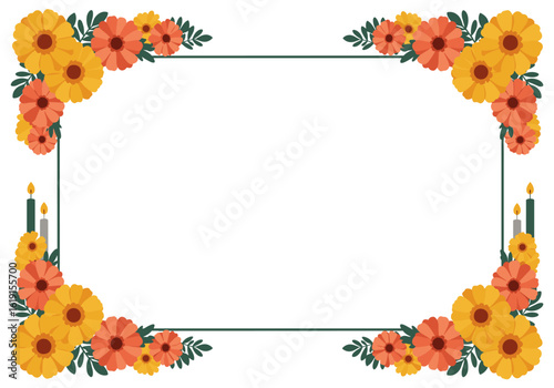 Mexican Day of the Dead Frame with Marigolds and Candles