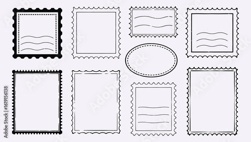 Vector art of collection of vintage postage stamp frames with various shapes and borders isolated on white background, ideal for retro design, scrapbook embellishments, and graphic elements
