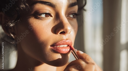 A woman putting on lipstick. She is standing in front of a window with light streaming in. She is smiling and looks happy.