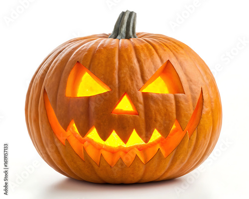 A single carved orange jack o lantern with a smiling face on a white background for halloween season