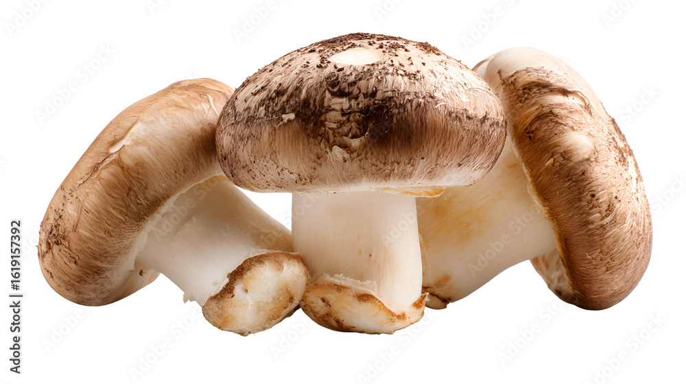 Fototapeta premium Three Brown Mushrooms Closeup Shot Food Photography Delicious Fungi Harvest