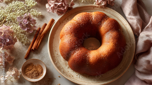 Golden bundt cake on a plate, accented with cinnamon sticks and dried flowers.  Still life arrangement.