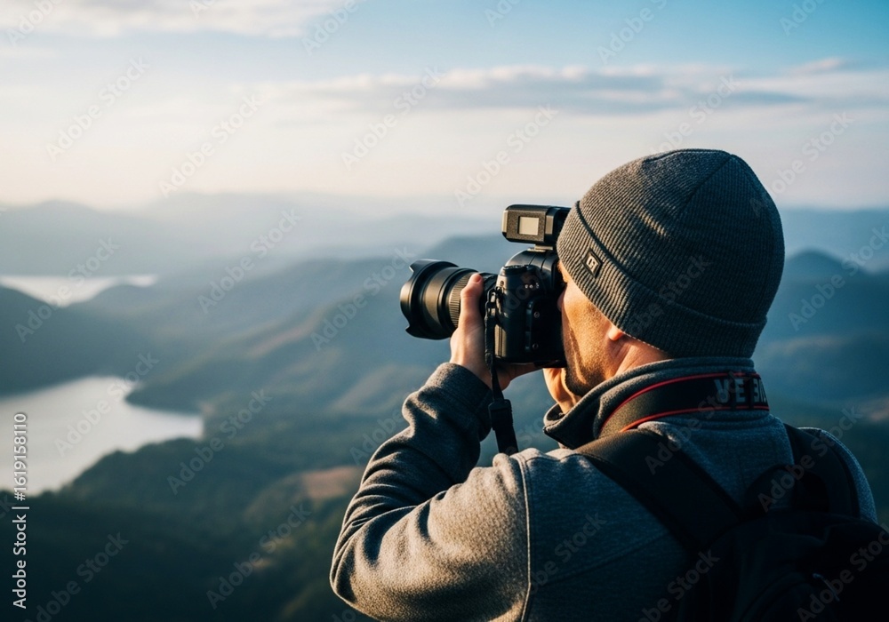 Obraz premium Rear View of Outdoor Photographer Capturing Mountain Landscape at Golden Hour – Travel Photography Scene Featuring DSLR Camera, Scenic Vista, and Adventure Gear in Serene Wilderness