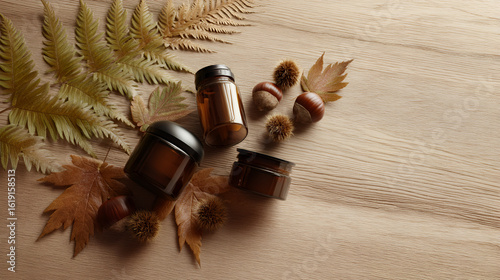 Autumn serenity: Cosmetic jars surrounded by leaves and chestnuts create a natural, seasonal wellness vibe.