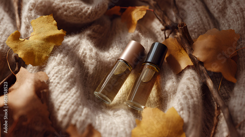 Autumn Aromatherapy: Roller bottles, cozy knit, and fallen leaves evoke seasonal self-care. #autumn