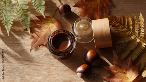Autumnal creams, with leaves and nuts, evoke nature's harvest for skin nourishment and seasonal self-care.