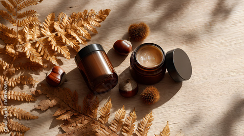Autumn skincare: jar of cream and brown bottles surrounded by fall foliage on a light wooden surface.