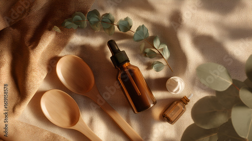Natural Skincare Still Life: Amber bottles, wooden spoons, and eucalyptus sprigs on a soft background.