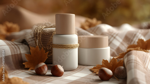 Autumn-themed skincare set with natural aesthetic.