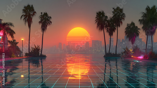Fototapeta Naklejka Na Ścianę i Meble -  Retro sunset over city reflected in pool